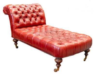 Ralph Lauren Red Tufted Leather Chesterfield Chaise Lounge: A Ralph Lauren red tufted leather chesterfield chaise lounge chair on heavy duty brass casters. Labled on the underside for Ralph Lauren.