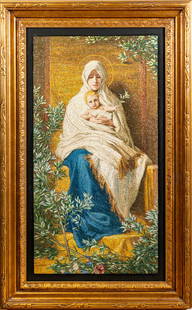 Vintage Italian Micromosaic Vatican Del Mosaico “Madonna & Child”: A vintage Italian micromosaic depicting Madonna and child after Nicolo Barabino (1832-1891).From the Vatican Studio del Mosaico. Frame Size: 32 inches high x 20.25 inches wide.