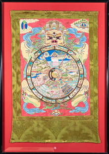 Vintage Framed Wheel of Life - Samsara Thangka Painting: A vintage framed wheel of life- Samsara Thangka painting. Frame Size: 35 inches high x 25 inches wide x 1 inches deep.