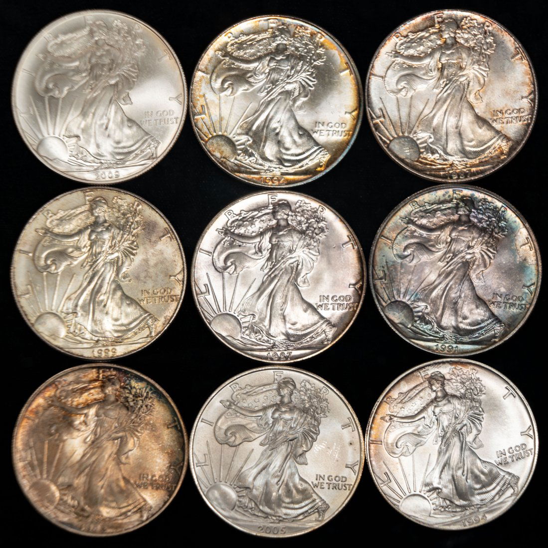 Nine (9) Mixed Early Date American 1oz Silver Eagles (1 of 2)
