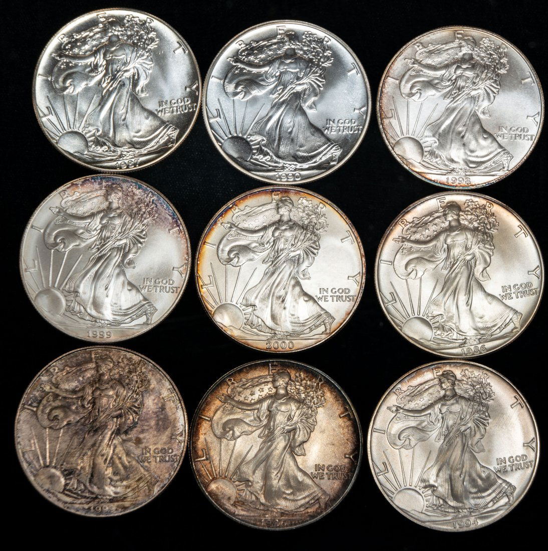 Nine (9) Mixed Early Date American 1oz Silver Eagles (1 of 2)