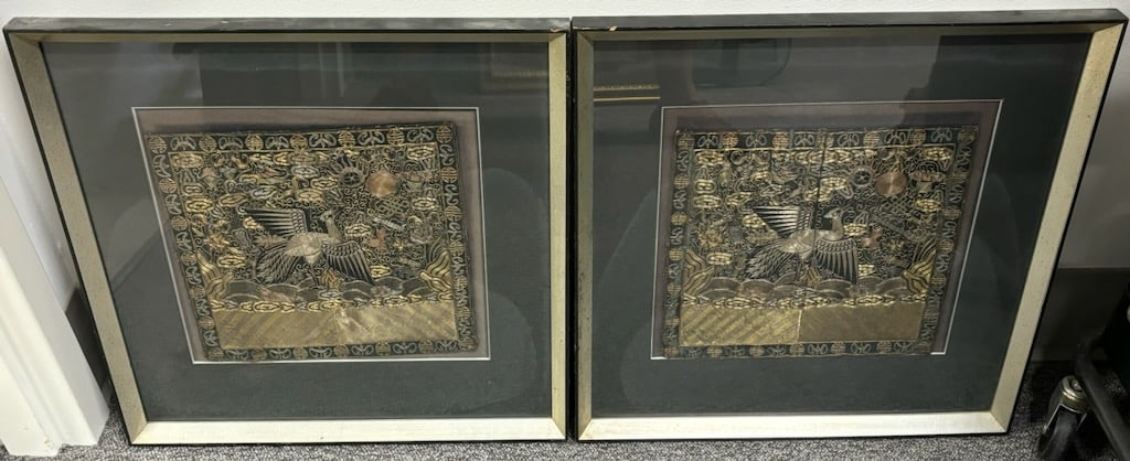 Pair of Chinese Qing Dynasty Rank Badges: A pair of framed Chinese Qing Dynasty (19th Century) rank badges. Emboridered silk civil rank badges. Both are framed and matted under glass. Frame Size: 20H x 20W (each), Size: 11.25H x 12W (badges)
