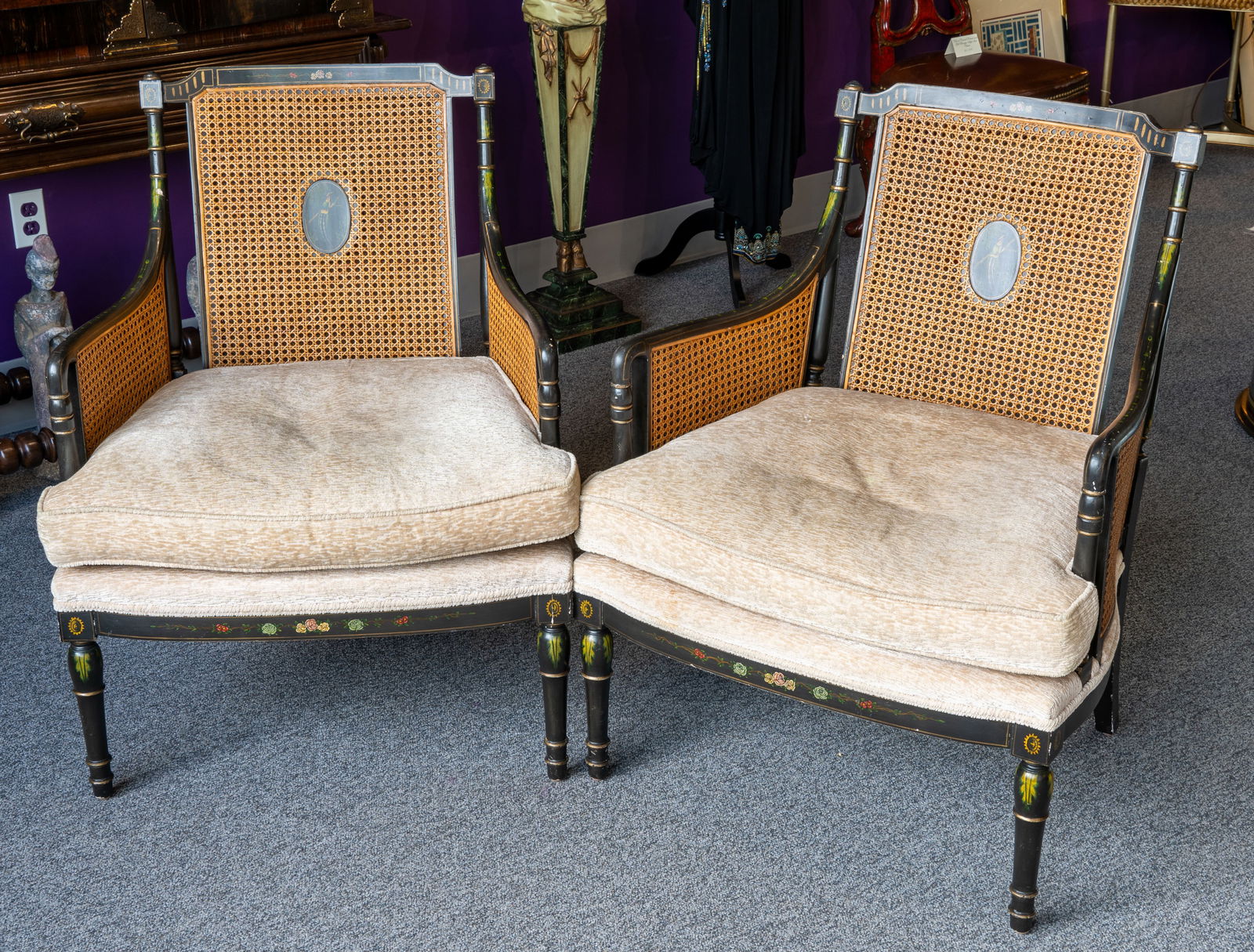 Empire-Style Cane and Upholstered Bergere Chair- a Pair (1 of 14)