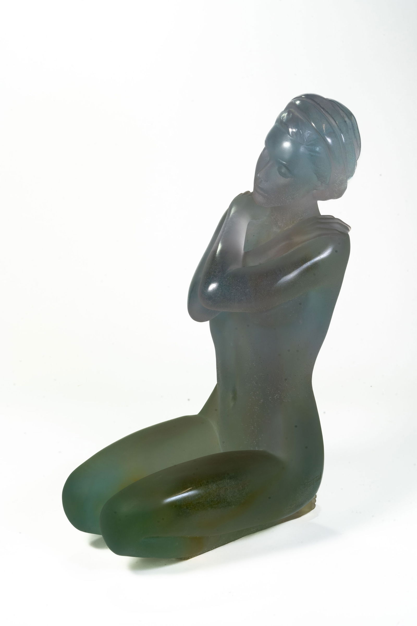 Daum Art Glass Kneeling Female Nude "Figure of Eurydice": Daum France Pate de verre art glass sculpture Kneeling female nude "Eurydice" Designed by Marie-Paule Deville-Chabrolle (French, B. 1952) Etched Signature and numbered 57/375 Size: 17H x 6.75W x 10.5D