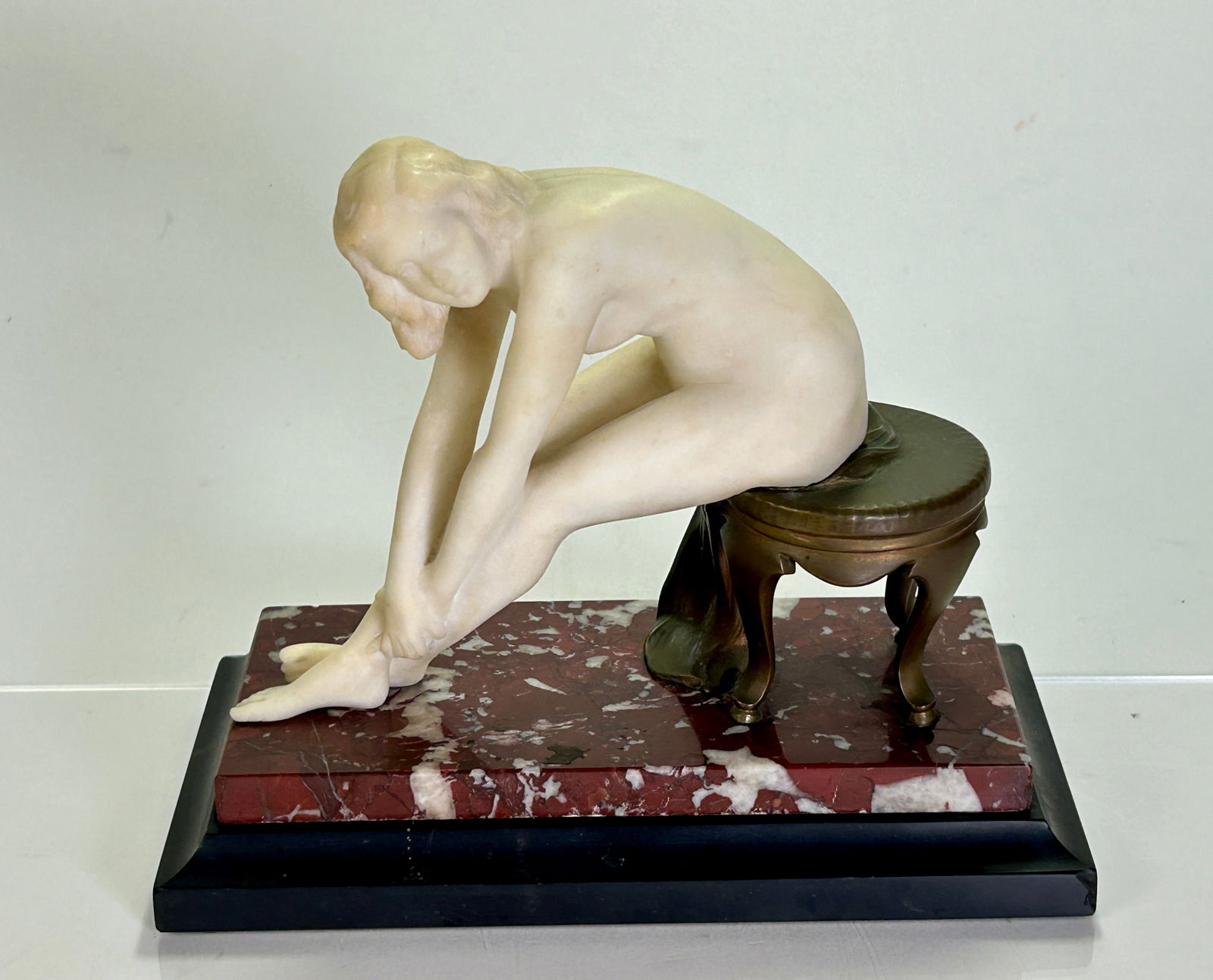 Lothar Dietz (German, 1896-1976) Bronze & Alabaster Sculpture: Lothar Dietz (German, 1896-1976) bronze and alabaster seated nude sculpture mounted on a rouge marble base. Signed on the stool leg. Size: 6.75H x 8W x 4.25D