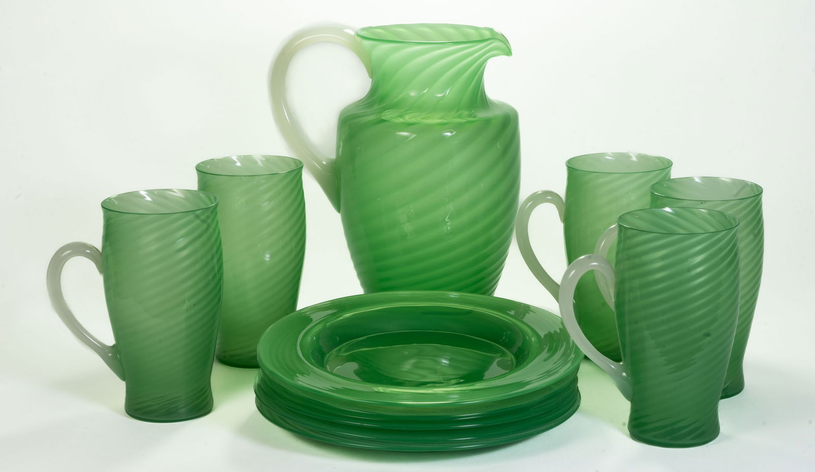Steuben Jade Swirl Glass Pitcher, Cup, Plate Set (1 of 8)