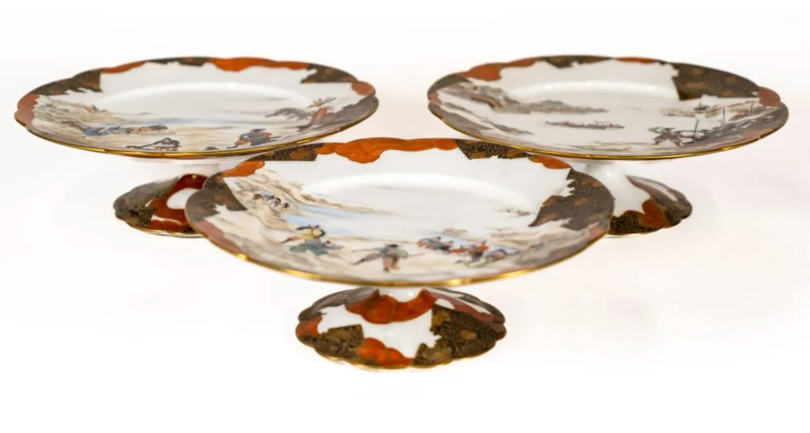 Three (3) Antique Japanese Kutani Scenic Footed Compotes (1 of 4)