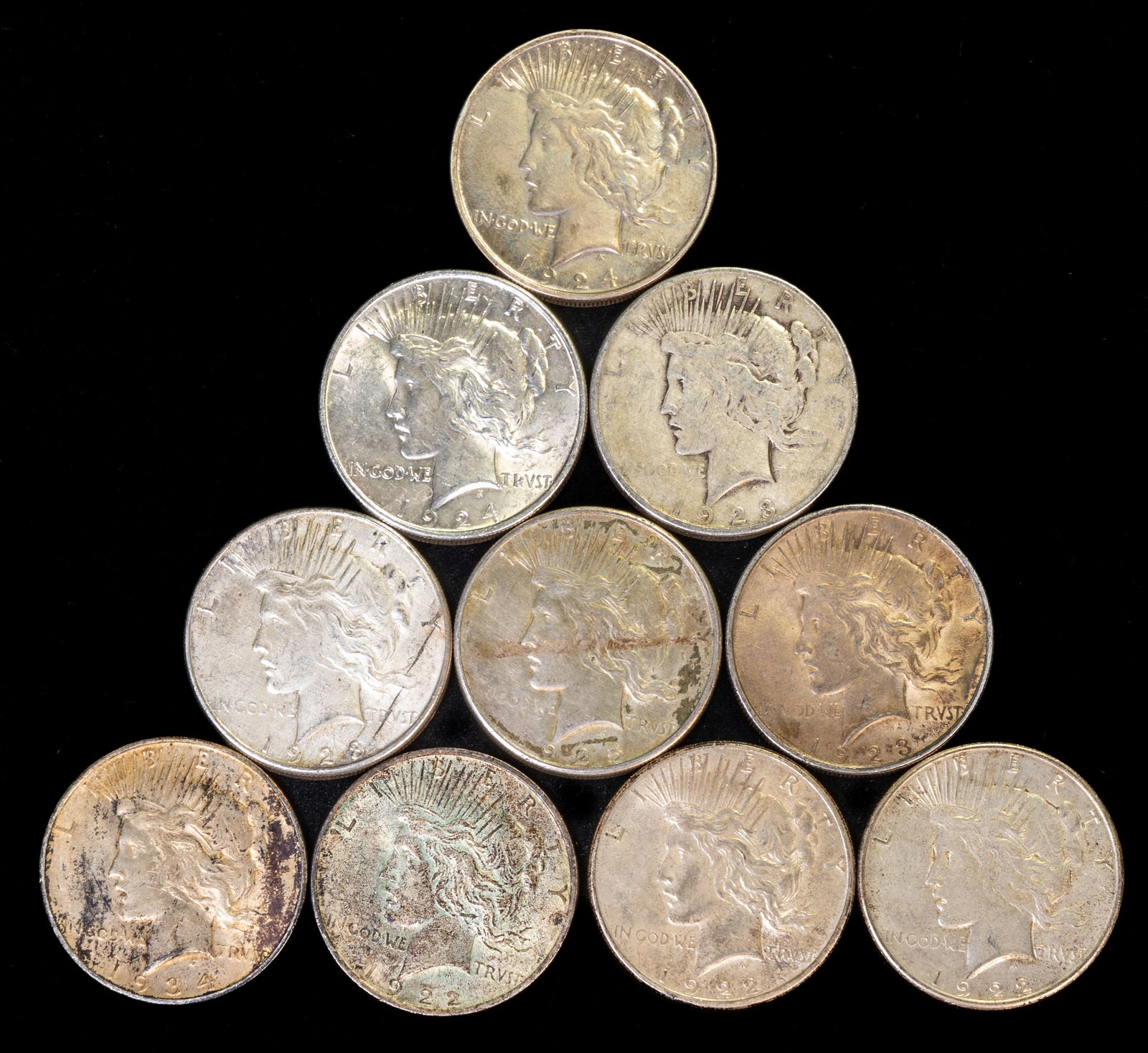 Ten(10) Mixed United States Silver Peace Dollars (1 of 2)