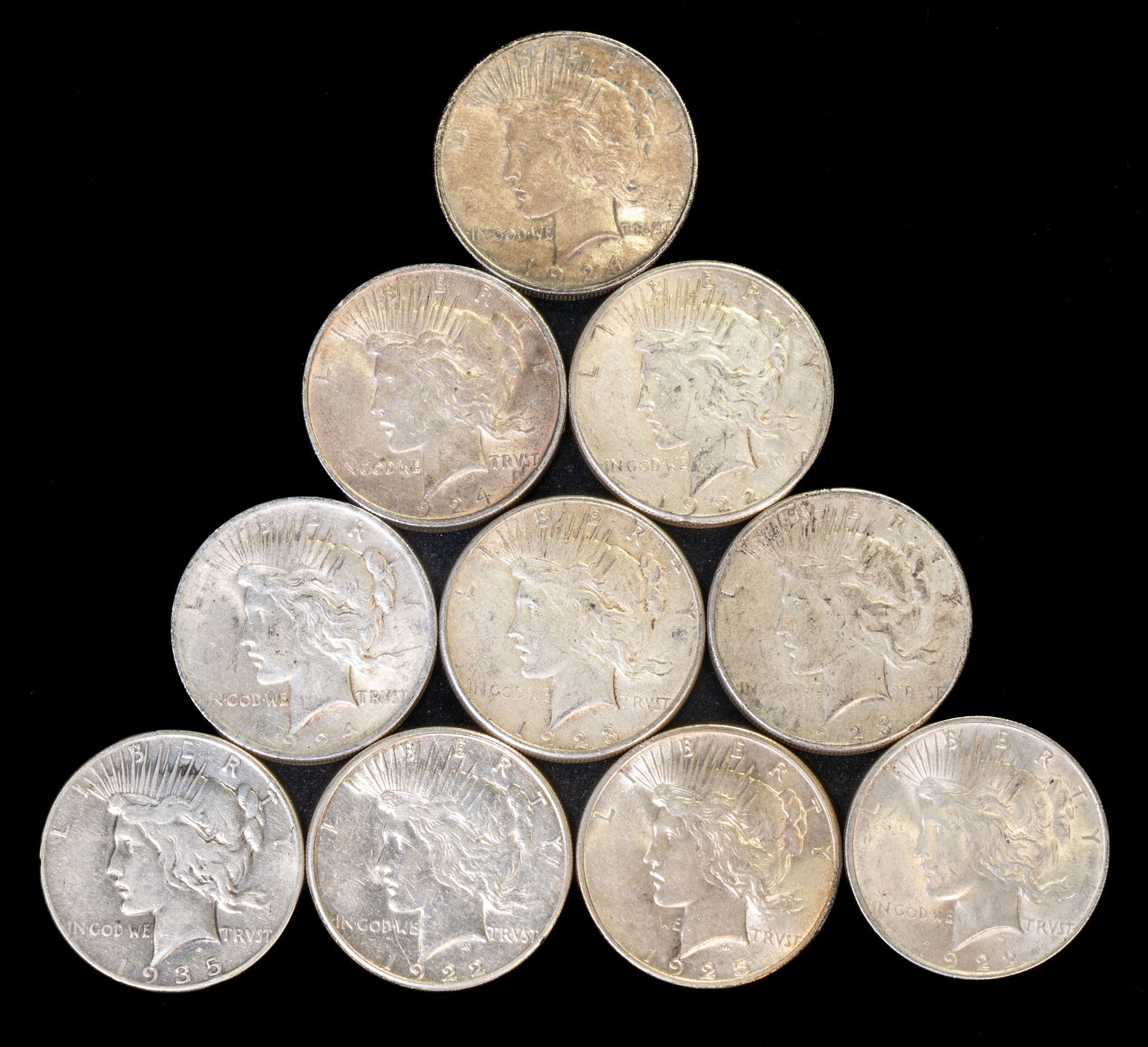 Ten(10) Mixed United States Silver Peace Dollars (1 of 2)