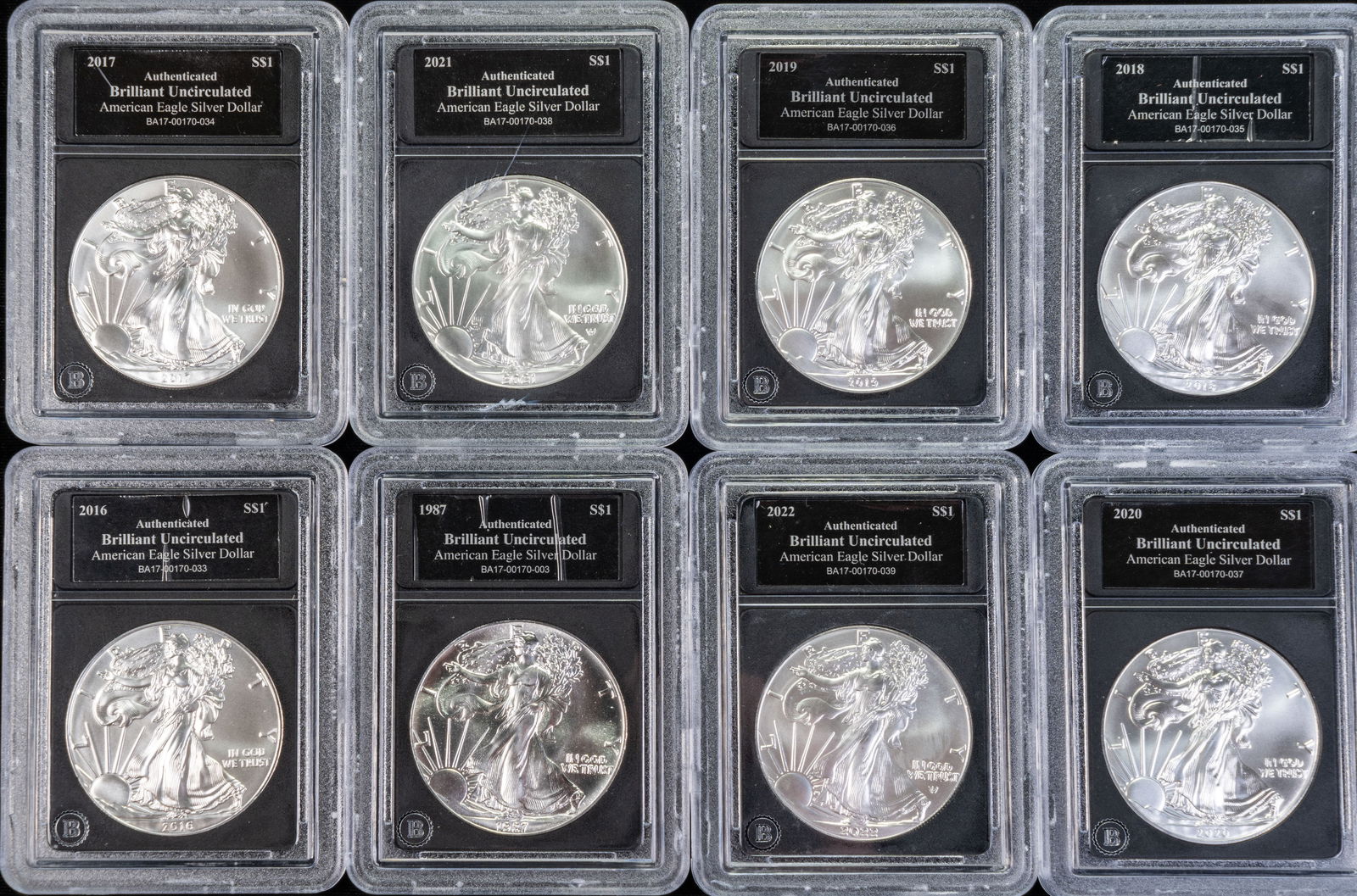 Eight(8) Mixed United States 1ozt Silver Eagles - UNC (Bradford Exchange) (1 of 2)