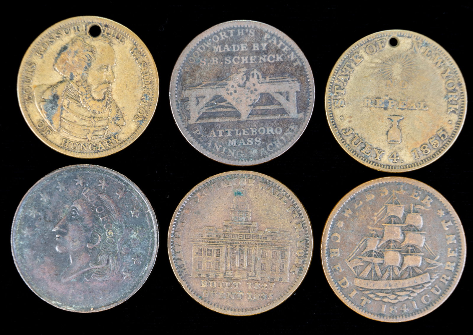 Six(6) Mixed United States Hard Times Tokens (1 of 2)