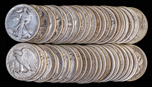 Forty (40) United States Walking Liberty Half Dollars $20 FV