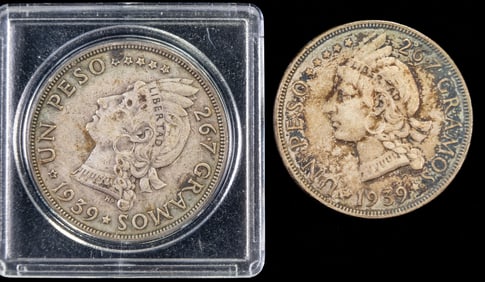 Two (2) 1939 Silver Un Peso Dominican Republic