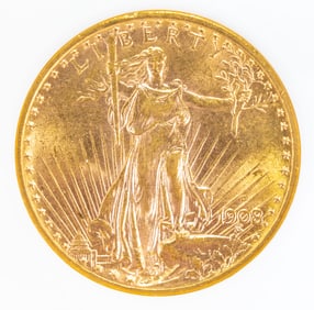 U.S. 1908 D Motto $20 St. Gaudens Double Eagle, NGC MS 61