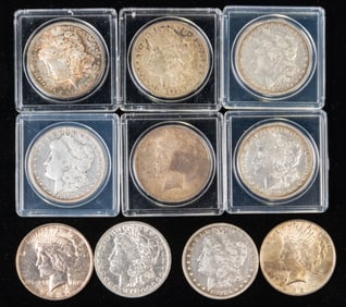 Ten (10) U.S. Silver Dollars, 7 Morgans + 3 Liberty Peace
