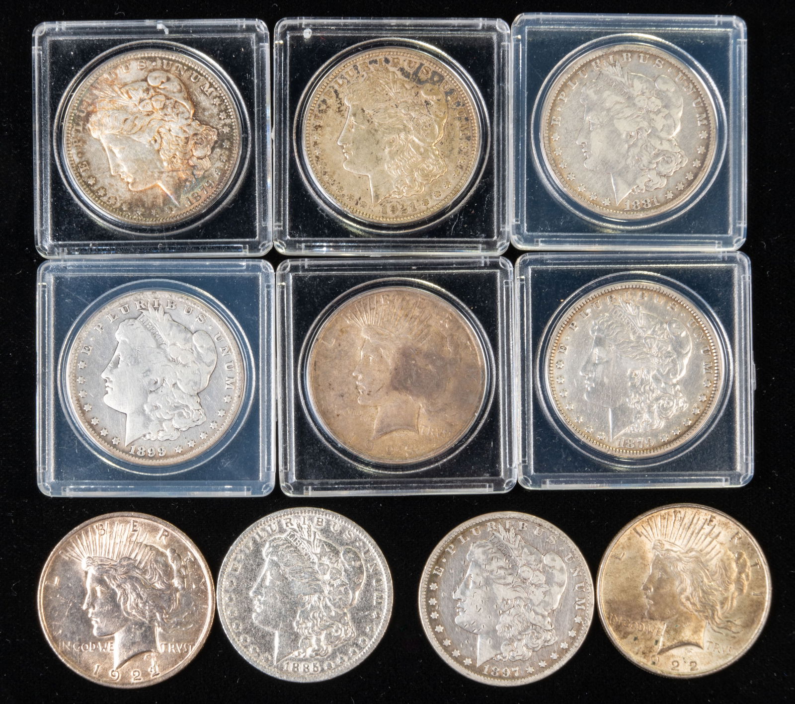 Ten (10) U.S. Silver Dollars, 7 Morgans + 3 Liberty Peace (1 of 2)