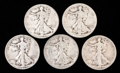 Five (5) U.S. Early Date Walking Liberty Half Dollars