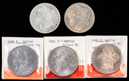Five US Morgan Silver Dollars