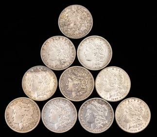 Ten US Morgan Silver Dollars