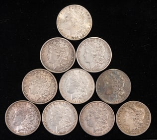Ten US Morgan Silver Dollars