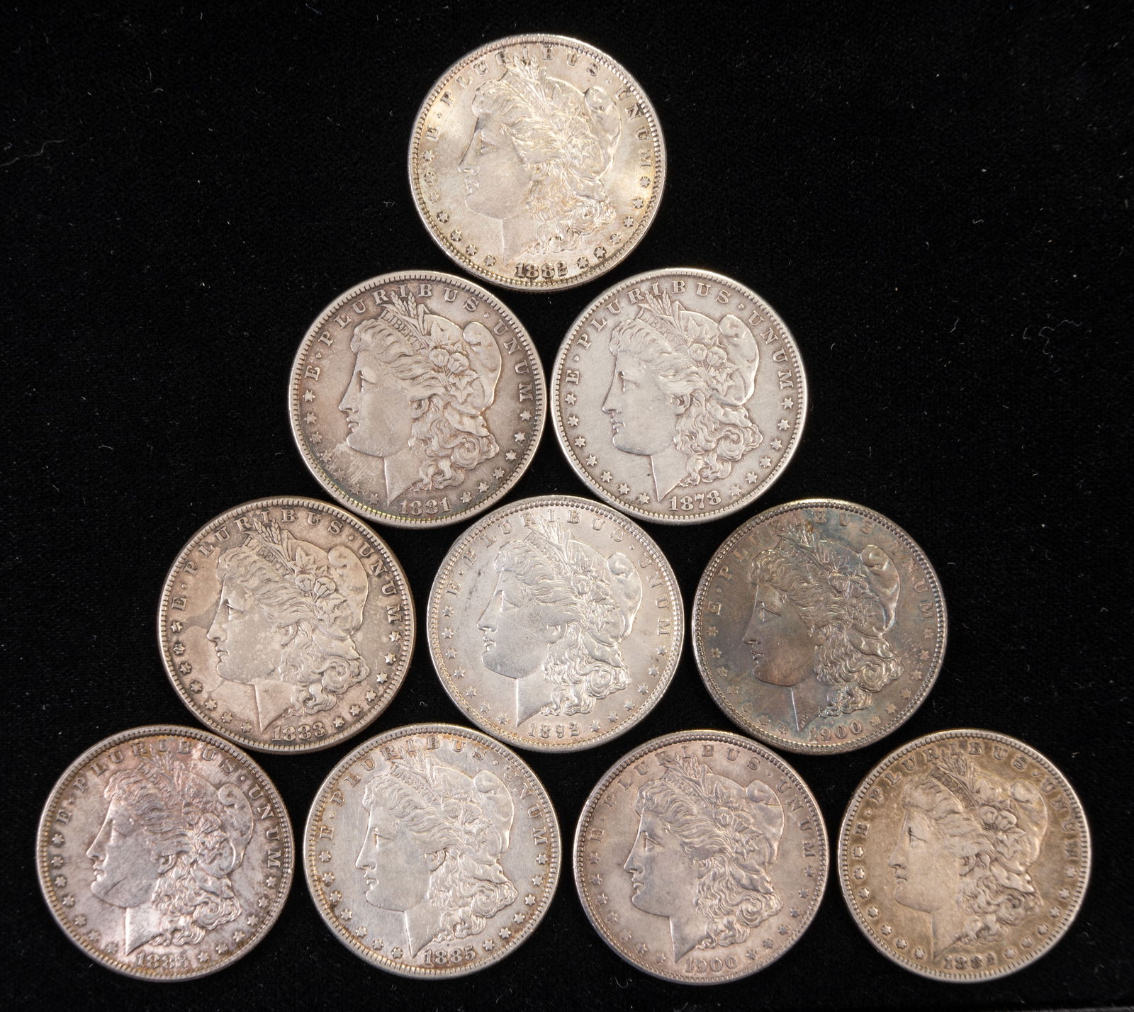 Ten US Morgan Silver Dollars (1 of 2)