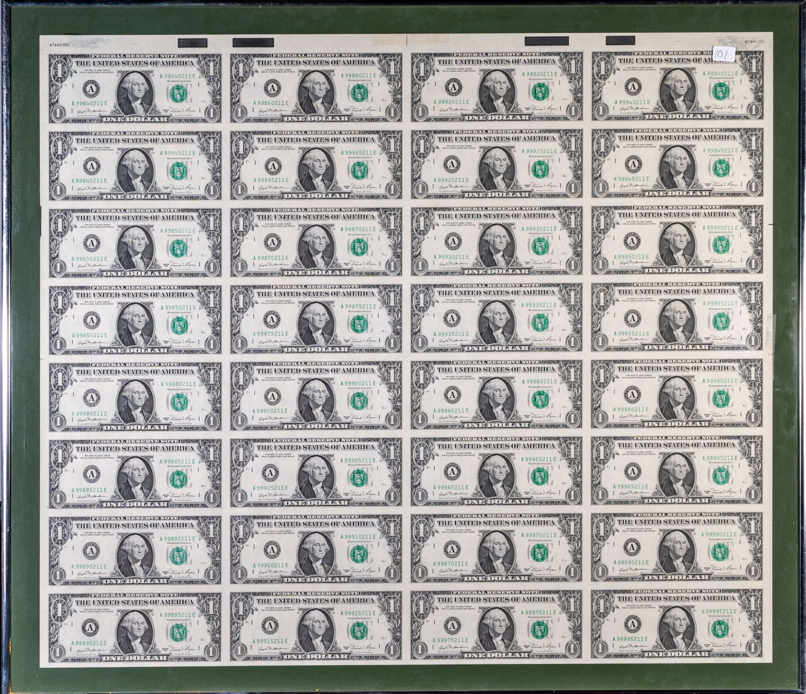 Uncut Sheet Thirty Two $1 Bills  1981 Series (1 of 2)