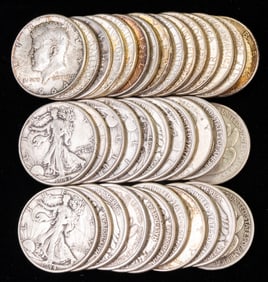 37 Mixed Kennedy 90% Half Dollars & Walking Liberty Half Dollars $18.50 Face Value