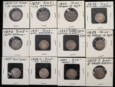 Twelve US Dimes 1820-1875 cc