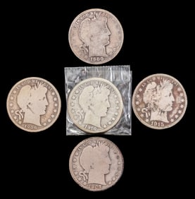 Five US Barber Half Dollars