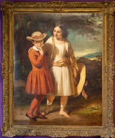 Large 19th C. Oil on Canvas Painting Young Girls in Woods