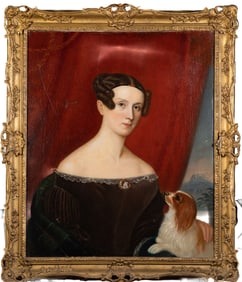 19th-century Oil Painting Portrait Woman with King Charles Spaniel