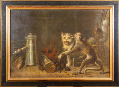 19th C. Oil painting titled "The Cats Paw"