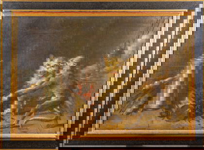19th C. Oil painting titled "The Cats Paw": Oil on canvas titled "The Cats Paw". No Signature Found. Painting is a representation from Jean de La Fontaine's seventeenth-century fable, which this painting illustrates, a cunning monkey persuades