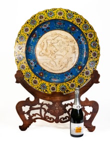 Massive Early 20th C. Cloisonne & Bone on Charger w/ Stand