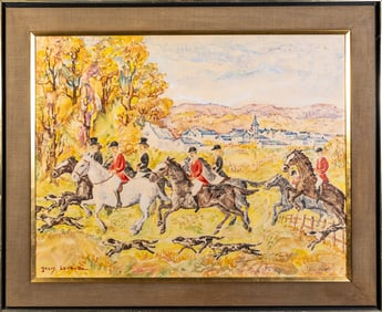 Jean Lareuse (French,1925-2016) Watercolor Fox Hunt