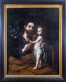 Early 19 C.Oil Painting "Saint Joseph and the Christ Child", after Murillo