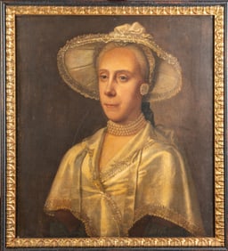 19th C. Oil on Canvas Portrait Woman with Hat & Pearls