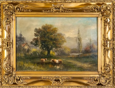 19th C. Oil Painting Cows in Landscape signed "E. Webber"