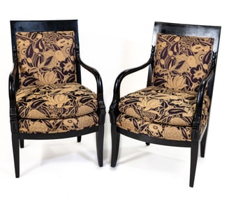 Pair of French Style Ebonized Wood Carved Dolphin Upholstered Armchairs
