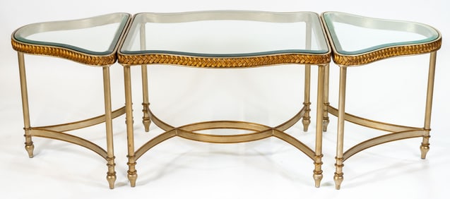 Maison Baques Style 3 Part Gilt Metal Beveled Glass Top Table