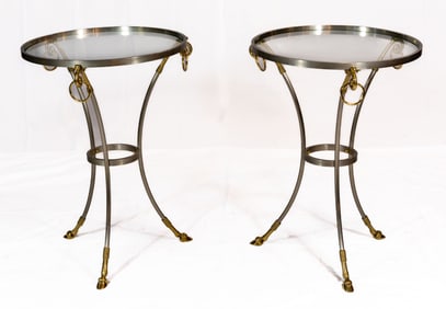Pair Brass & Steel Gueridon Tripod Tables with Glass and Marble Top