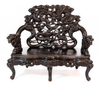 Antique Chinese Hardwood Carved Dragon Bench Loveseat