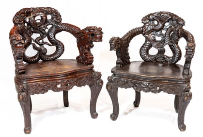 Two Antique Heavily Carved Chinese Dragon Chairs