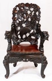 Antique Heavily Carved Chinese Armchair Monkeys and Grapes
