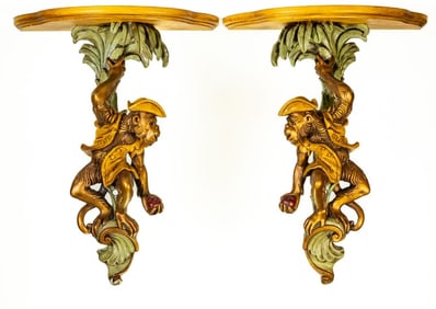 Pair Large Carved Wood Monkey Wall Sconces