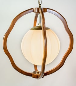 Mid Century Teak and Ribbed Glass Shade Hanging Light