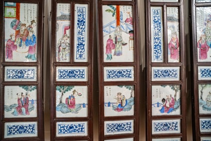 19th C. Chinese Six Panel Table Screen with Porcelain Plaques