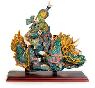 Early 20th C. Chinese Roof Tile Warrior riding Dragon