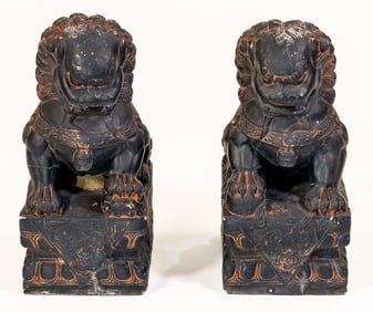 Pair Painted Cement Chinese Garden Foo Lions