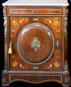 French Napoleon III style Marquetry Marble Top Cabinet